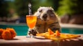 marmot with a cocktail on the background of the pool Royalty Free Stock Photo