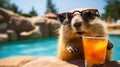 marmot with a cocktail on the background of the pool Royalty Free Stock Photo