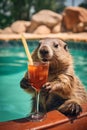 marmot with a cocktail on the background of the pool Royalty Free Stock Photo