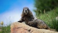 Marmot making sentinel lying on a mountain rock Royalty Free Stock Photo