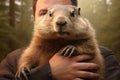 Marmot in a man's arms. Groundhog Day. AI generated Royalty Free Stock Photo