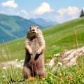 marmot perched on a grassy green hill. In the background, a spectacular mountain landscape