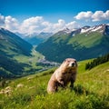 marmot perched on a grassy green hill. In the background, a spectacular mountain landscape