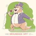 Marmot in gentleman clothes with microphone. Groundhog day holi