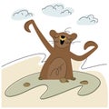 The marmot wakes up after hibernation. Happy groundhog day. A cute character comes out of the hole and yawns. Vector