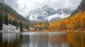 Maroon Bells Mountain Range Reflecting in a Calm Lake with Autumn Colors Royalty Free Stock Photo