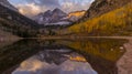 Maroon bells near aspen, colorado CO, USA - Panorama Sunset colors- snow and winter - fall autumn colors - mountains Royalty Free Stock Photo