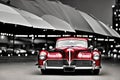 Maroon classic car on black and white background