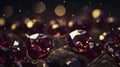 Maroon and golden diamonds in the shape of a heart of different sizes on festive maroon background. Beautiful Illustration