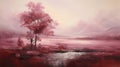 Maroon Mist: Uhd Oil Painting Of Soft Pink Trees In Monochromatic Scheme