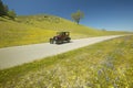 A maroon Model T driving down a scenic road surrounded by spring flowers off of Route 58, Shell Road, CA