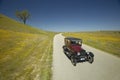 A maroon Model T driving down a scenic road surrounded by spring flowers off of Route 58, Shell Road, CA