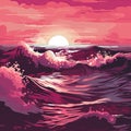 Maroon Pop Art Seascape Abstract: Ocean In A Pink Sunset