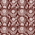 Maroon red country floral blockprint linen seamless pattern. Allover print of French cottage interior cotton effect