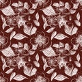 Maroon red country floral blockprint linen seamless pattern. Allover print of French cottage interior cotton effect