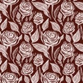 Maroon red country floral blockprint linen seamless pattern. Allover print of French cottage interior cotton effect