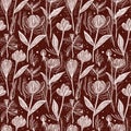 Maroon red country floral blockprint linen seamless pattern. Allover print of French cottage interior cotton effect