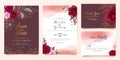 Maroon wedding invitation card template set with burgundy and peach rose flowers and watercolor background. Cards with floral,