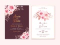 Maroon wedding invitation template set with romantic floral border and bouquet. Roses and sakura flowers composition vector for