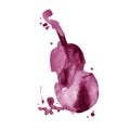 Maroon wine hand drawn classical stringed music instrument. Watercolor contrabass.