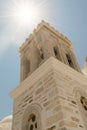 Marpissa's village local church at Paros island in Greece against the sun.