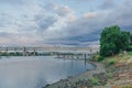 Marquam Bridge over Willamette River with boats in Portland, USA