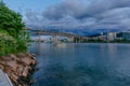 Marquam Bridge over Willamette River with boats in Portland, USA