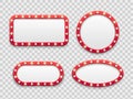 Marquee light frames. Vintage round and rectangular cinema and casino empty red signs with bulbs. Vector isolated set