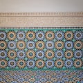 Marrakech, Morocco - Feb 10, 2023: Beautiful handicraft work inside the koranic school Medersa Ben Youssef in Marrakech