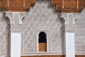 Marrakech, Morocco - Feb 10, 2023: Beautiful handicraft work inside the koranic school Medersa Ben Youssef in Marrakech