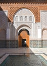 Marrakech, Morocco - Feb 10, 2023: Beautiful handicraft work inside the koranic school Medersa Ben Youssef in Marrakech