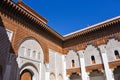 Marrakech, Morocco - Feb 10, 2023: Beautiful handicraft work inside the koranic school Medersa Ben Youssef in Marrakech