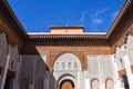 Marrakech, Morocco - Feb 10, 2023: Beautiful handicraft work inside the koranic school Medersa Ben Youssef in Marrakech