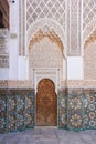 Marrakech, Morocco - Feb 10, 2023: Beautiful handicraft work inside the koranic school Medersa Ben Youssef in Marrakech