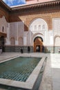 Marrakech, Morocco - Feb 10, 2023: Beautiful handicraft work inside the koranic school Medersa Ben Youssef in Marrakech