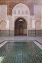 Marrakech, Morocco - Feb 10, 2023: Beautiful handicraft work inside the koranic school Medersa Ben Youssef in Marrakech