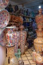 Marrakech, Morocco - Feb 21, 2023: Handicrafts on sale in the Marrakech Souk market Royalty Free Stock Photo