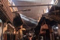 Marrakech, Morocco, 01/12/2020 market stall traders in the souk selling leather