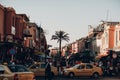 Marrakech, Morocco - May 10, 2019: People, taxi and car traffic at Center of Marrakech.