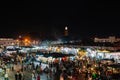 Marrakech, Morocco, september 16, 2019: Food stalls at Yamaa el Fna Square full of people at night