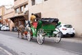 Marrakech locals joyfully navigate city\'s labyrinthine streets in traditional horse-drawn carriages, Marrakech\'s Royalty Free Stock Photo