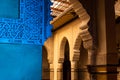 MARRAKESH, MOROCCO - JAN 2019: Moroccan architecture traditional arabian design - Rich Riyad arch mosaic interior detail