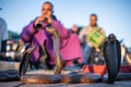 MARRAKESH, MOROCCO - 15 JAN 2019: Snake charmer at the Jemaa el-Fnaa square in Marrakesh, Morocco Royalty Free Stock Photo