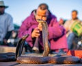 MARRAKESH, MOROCCO - 15 JAN 2019: Snake charmer at the Jemaa el-Fnaa square in Marrakesh, Morocco Royalty Free Stock Photo