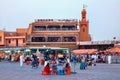 MARRAKESH, MOROCCO - JUNE 03, 2017: Evening in the famous Jemaa el-Fnaa square also Jemaa el-Fna, Djema el-Fna, or Djemaa el-Fnaa Royalty Free Stock Photo