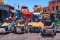 MARRAKESH, MOROCCO - JUNE 05, 2017: Parking of the empty hindcarriages in the medina of Marrakesh on a sunny day