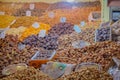 Variety of dried fruit for sale in Marrakesh, Morocco. Royalty Free Stock Photo