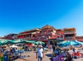 Marrakesh, Morocco - November 15, 2019: Market in Jamaa El Fna Square. Copy space for text