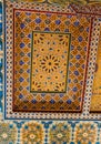 Marrakesh, Morocco - November 6, 2019: Ornamental ceiling in the Bahia Palace. Vertical