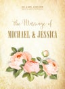 The marriage card. Wedding invitation template. The garland of red flowers in vintage style. Bridal announcement card